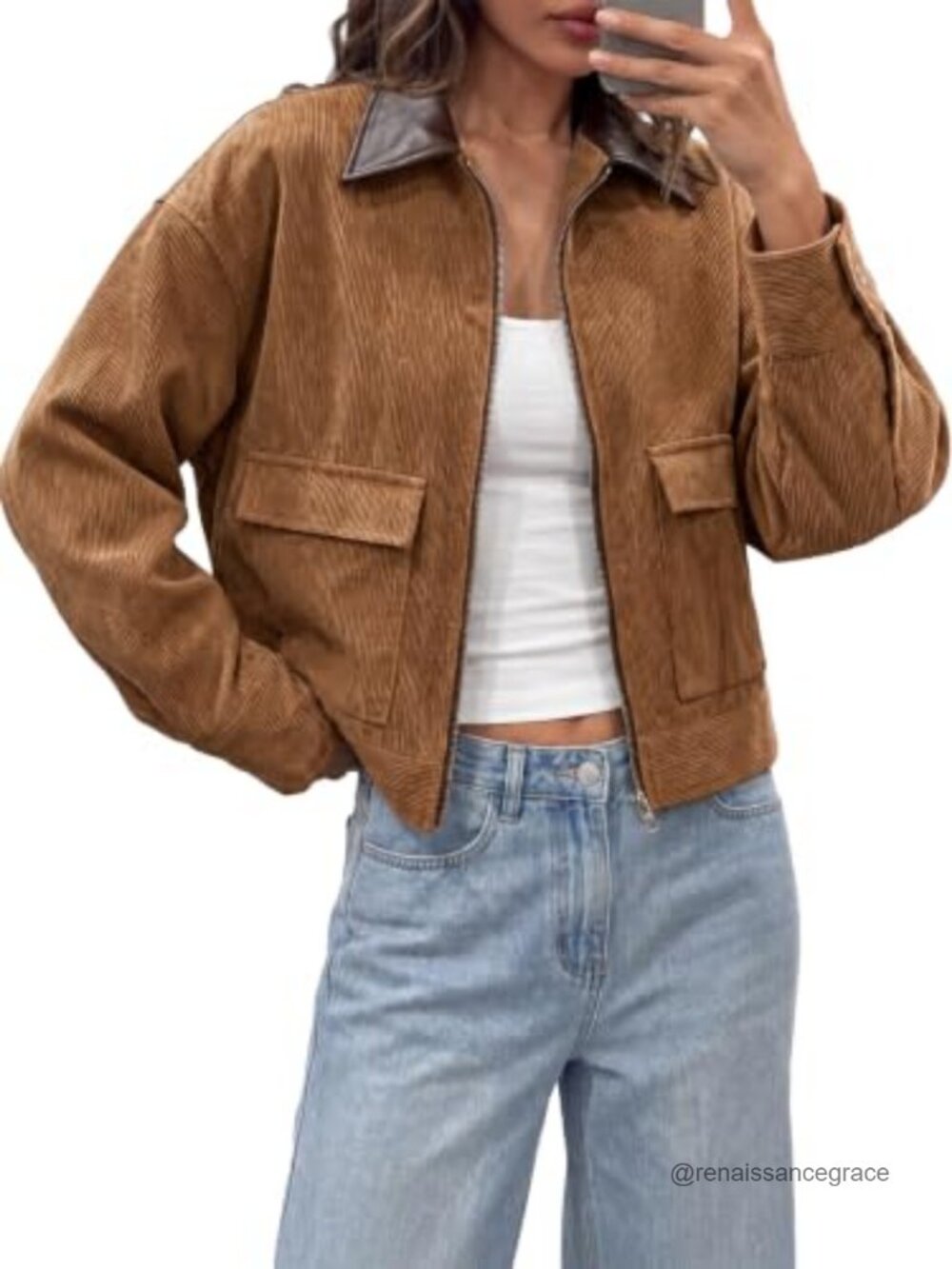 Women's Cropped Corduroy Oversized Zip-Up Barn Bomber Coat